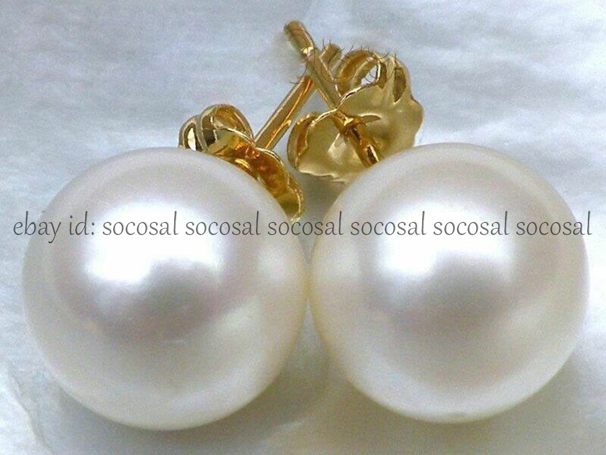 Perfect Genuine Natural Round White South Sea Pearl Stud Earrings 14K Gold