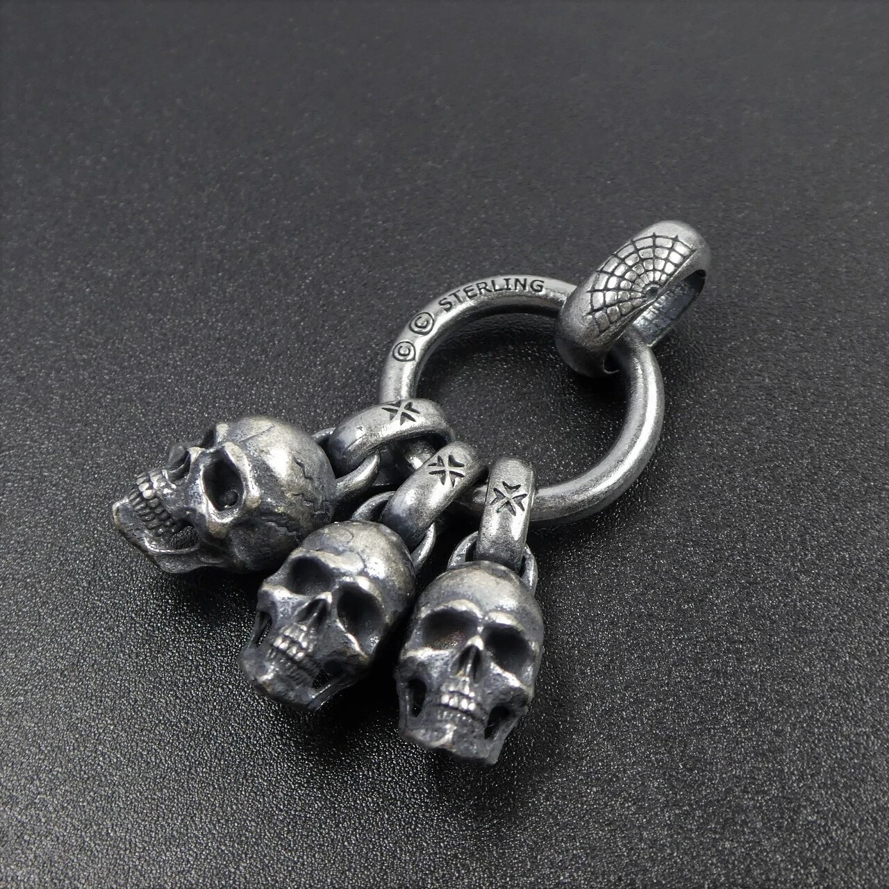 Black Silver Three Skulls on Ring Pendant Men Gothic Biker