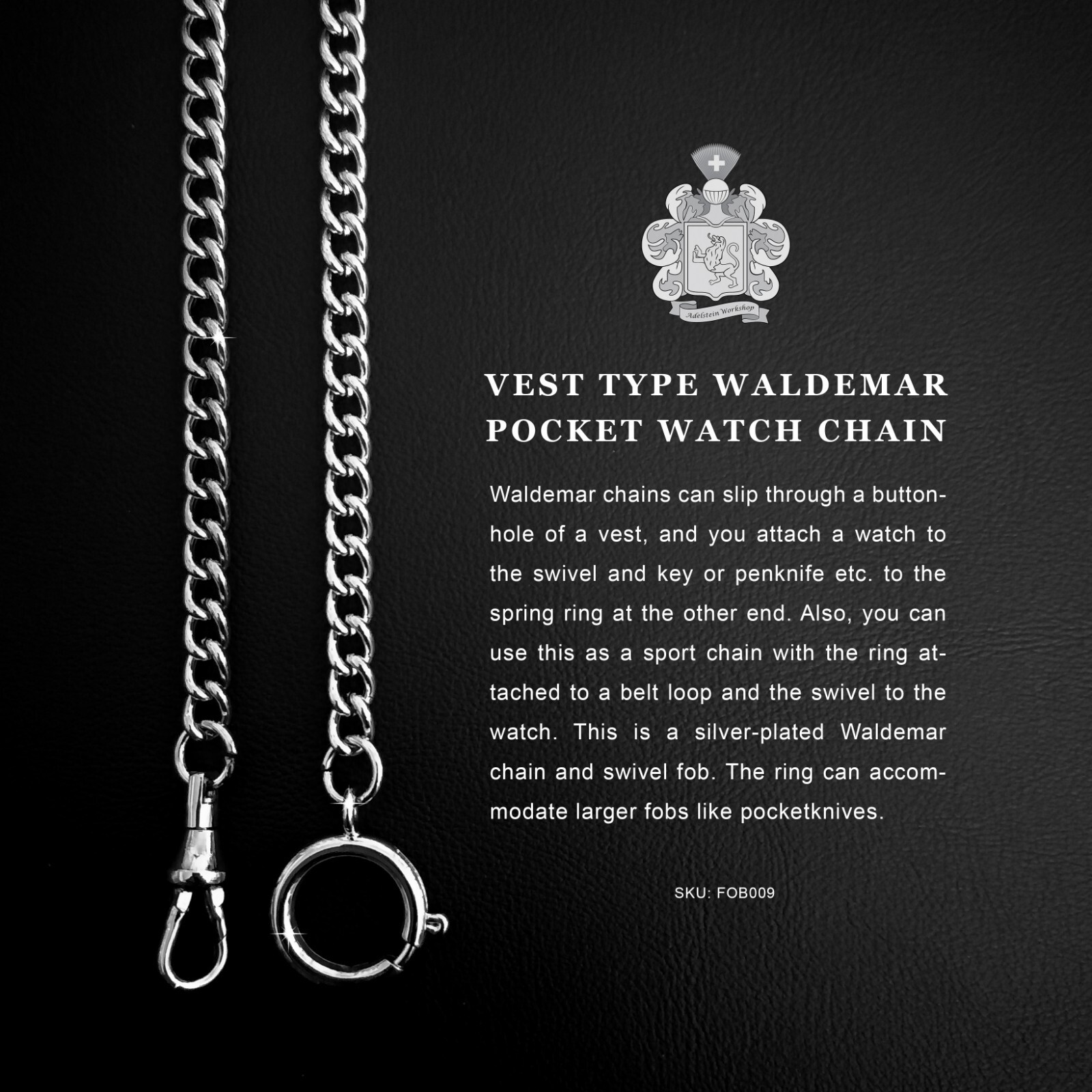 Men’s Silver Plated Waldemar Pocket Watch Chain Lobster Clasp Swivel FOB New