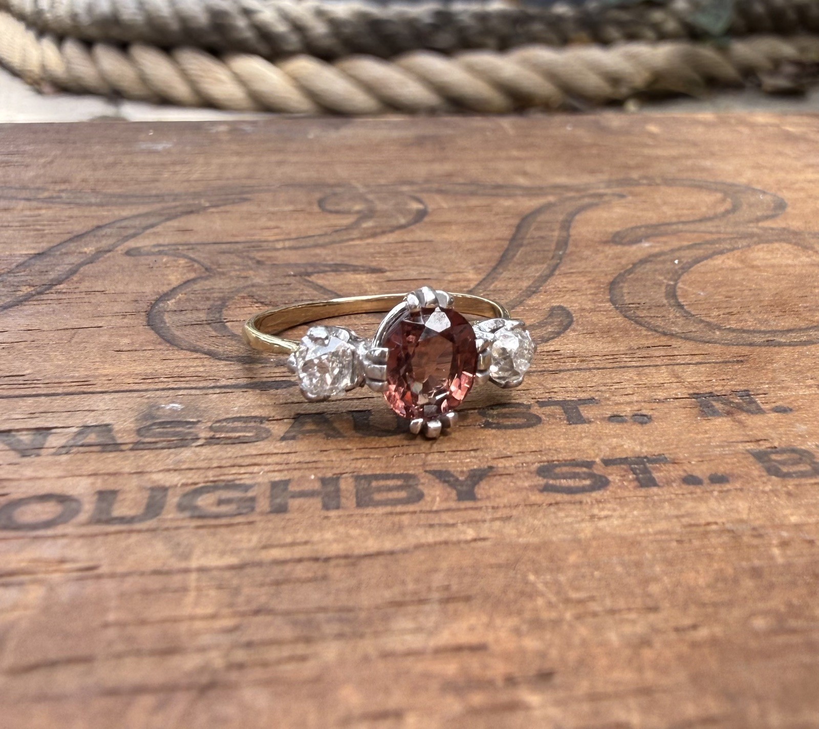 Victorian Trilogy Ring in 18KYellow & White Gold, Spinel 1Ct & 2 (22.5pt) diamon