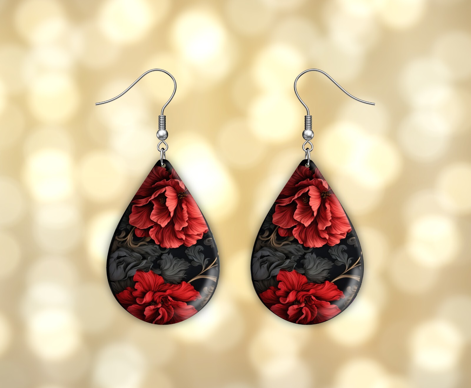 Ruby Red and Black Floral Wood Dangle Teardrop Print Earrings Jewelry