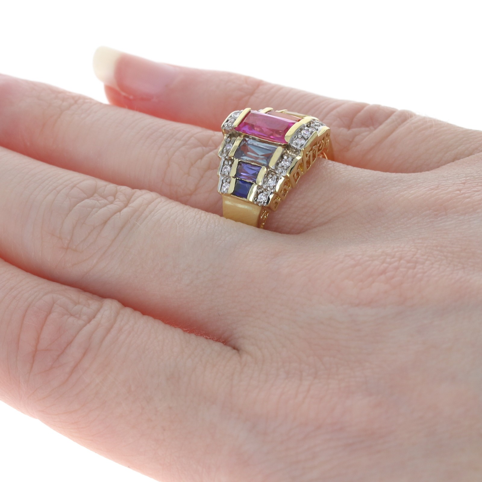 Sterling Multi-Color Synthetic Sapphire & CZ Ring – 925 Gold Pltd 3.11ctw Size 5