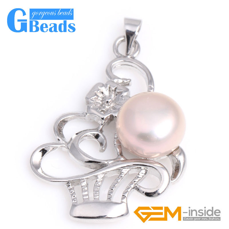 White Gold Plated Basket Shape Freshwater Pearl Pendant Free Shipping 10-11mm