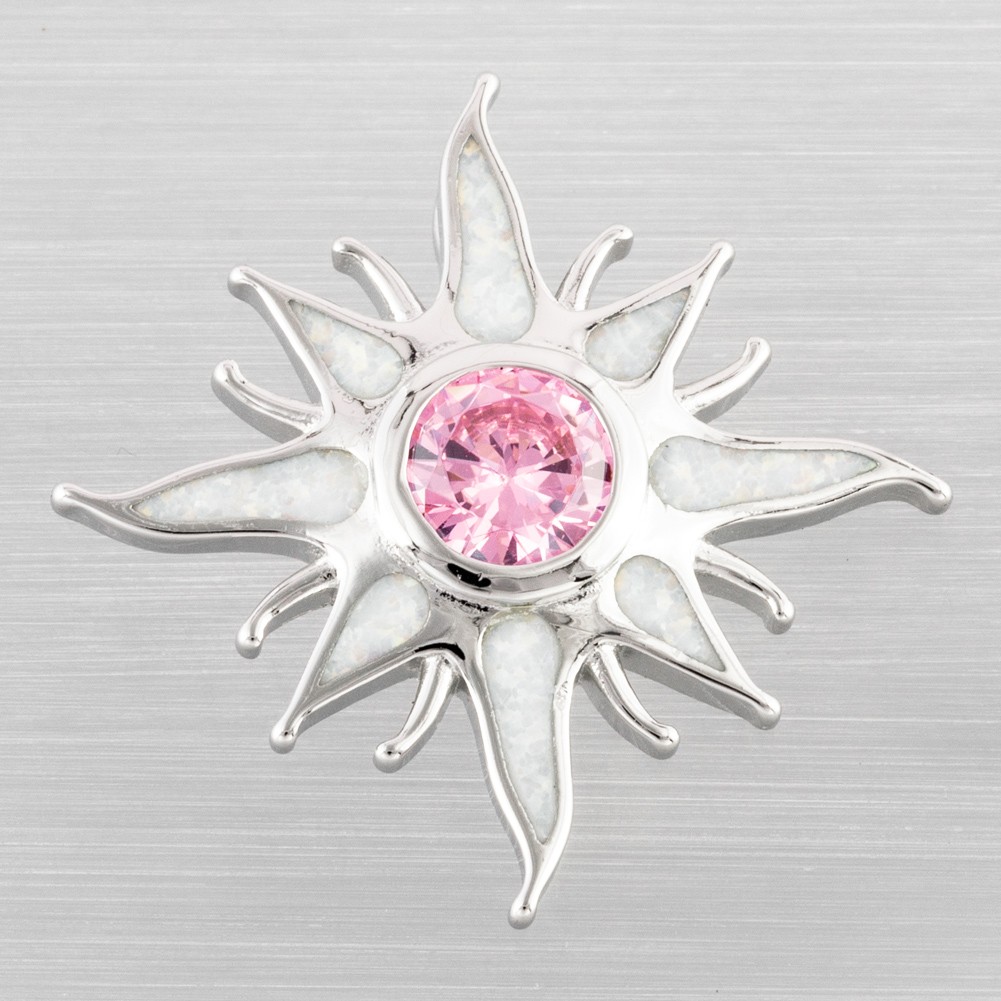 Starburst Simulated Pink Topaz White Fire Opal Silver Jewelry Necklace Pendant