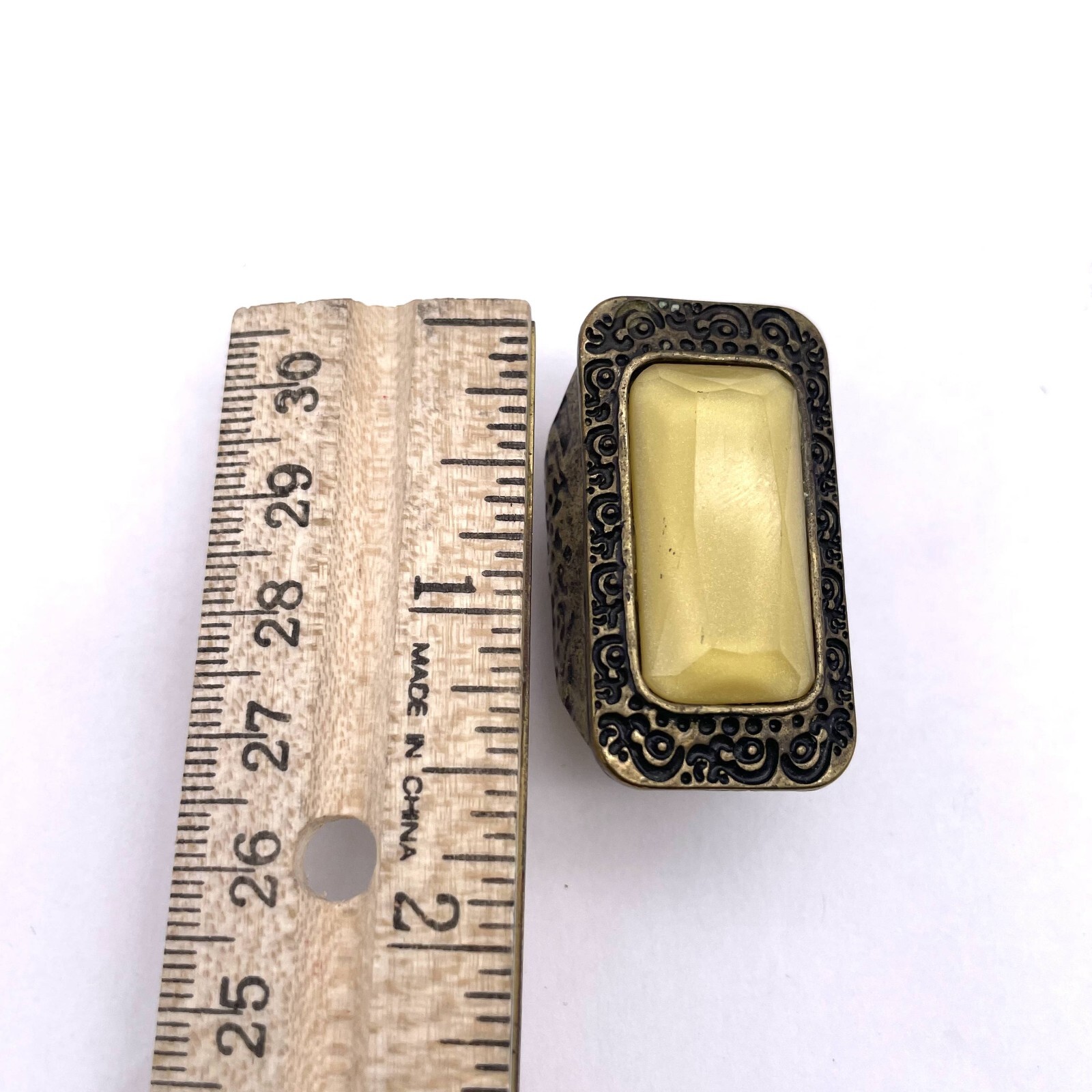 Faceted Rectangle Amber Gemstone Hand Engraved Ring Size 6