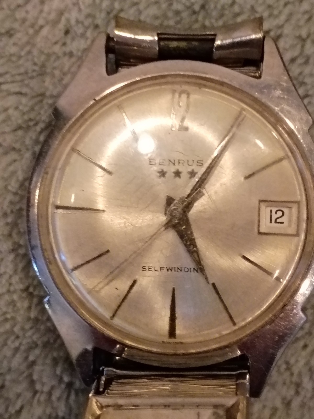 Vintage Date Adjust BENRUS 3 STAR Manual Wind Speidel Calendar band S/S Working