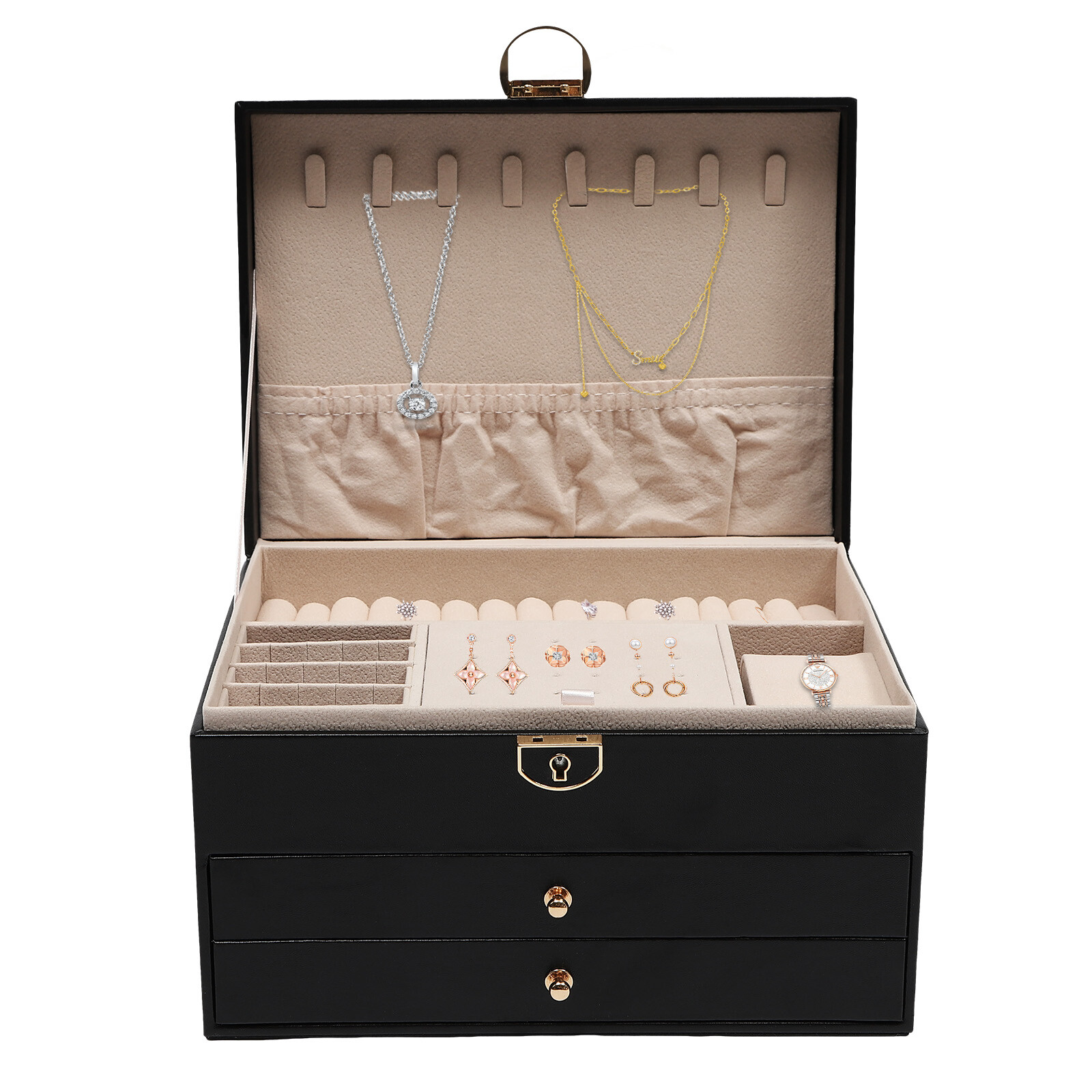 PU Watch Storage Box with Drawer Jewelry Organizer Watch Holder Display Case
