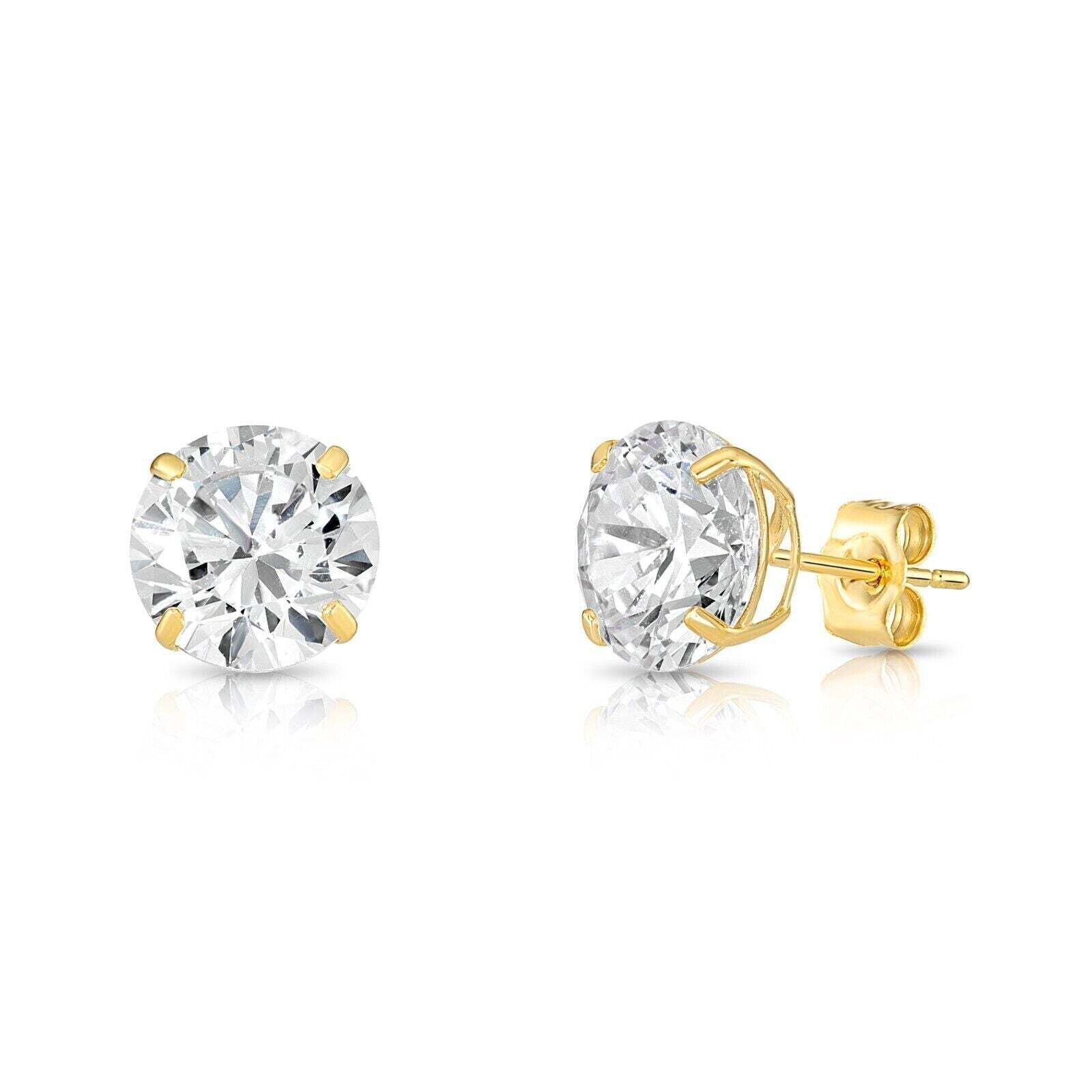 14K Solid Yellow/White Gold Round CZ Stud Earrings Basket Setting 2-10mm