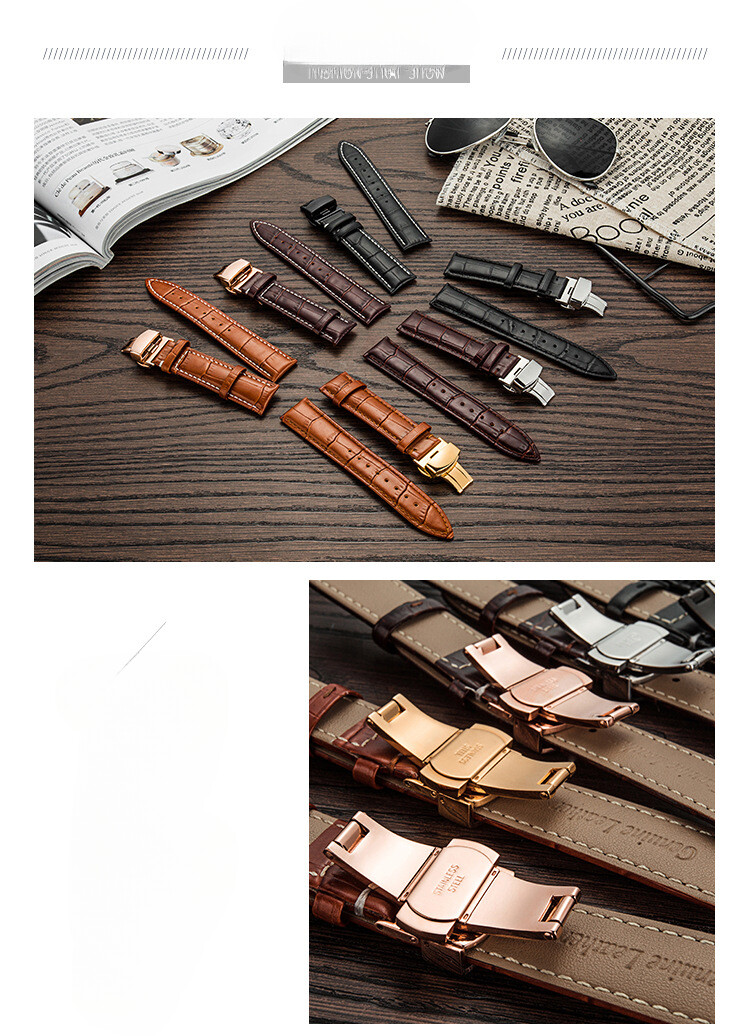 Premium Genuine Leather Watch Strap Butterfly Buckle Crocodile Grain Band12-24mm