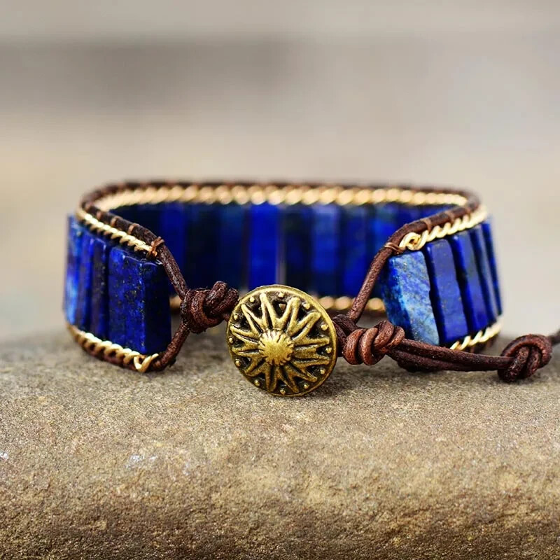 Natural Lapis Lazuli Tube Beads Braided Leather Bracelet Adjustable Unisex Gift