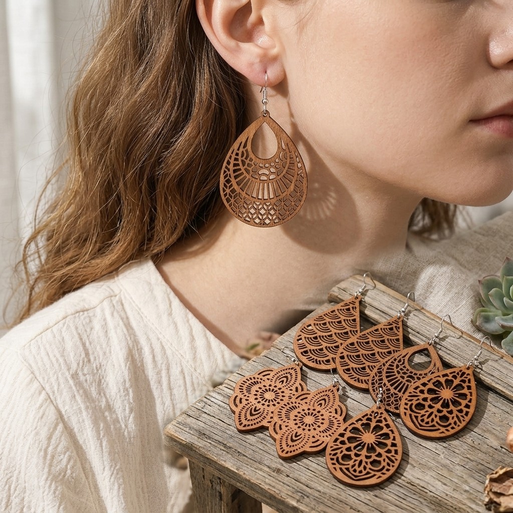 4 Pairs Wooden Dangle Earrings Boho Laser Cut Filigree Teardrop Jewelry Set