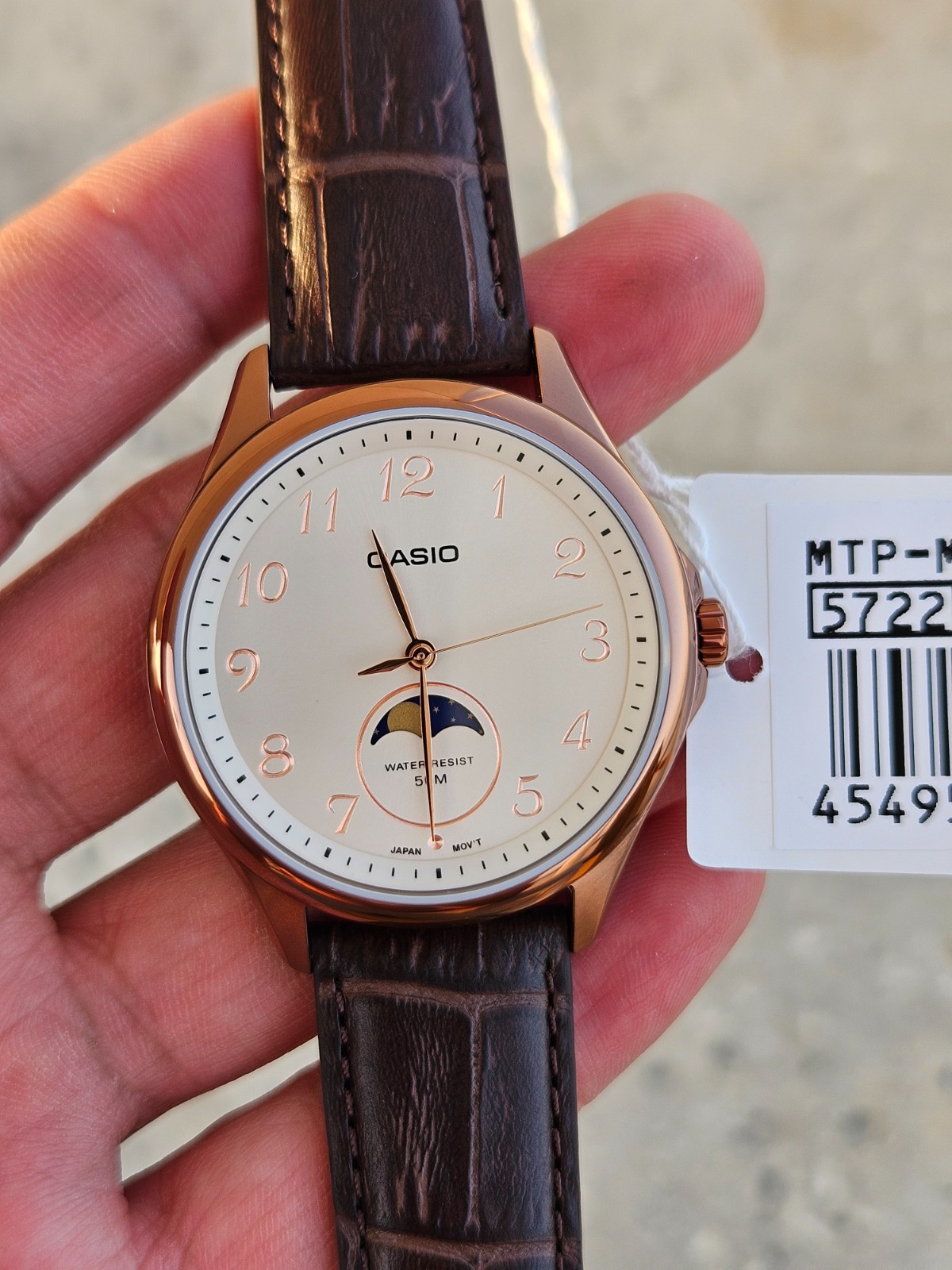 Casio MTP-M110RL-5AVDF Men’s Moon Phase Watch Rose Gold Brown Leather Strap New