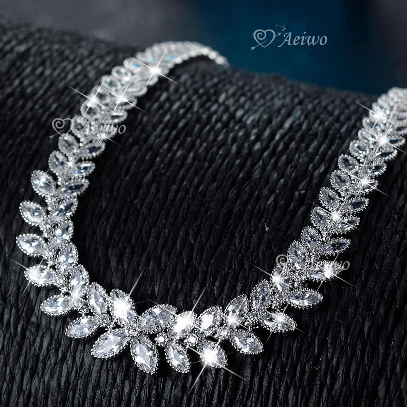 18K WHITE GOLD FILLED SIMULATED DIAMOND WEDDING PARTY NECKLACE LUXURY LEAF