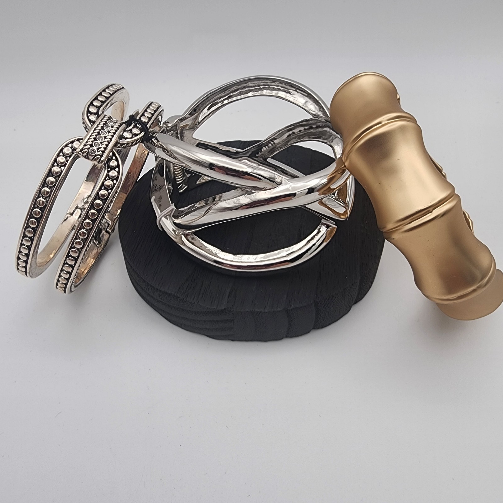NWT Statement Hinged Cuff Bracelet Lot 3pc Silver & Gold Tone Bamboo Set