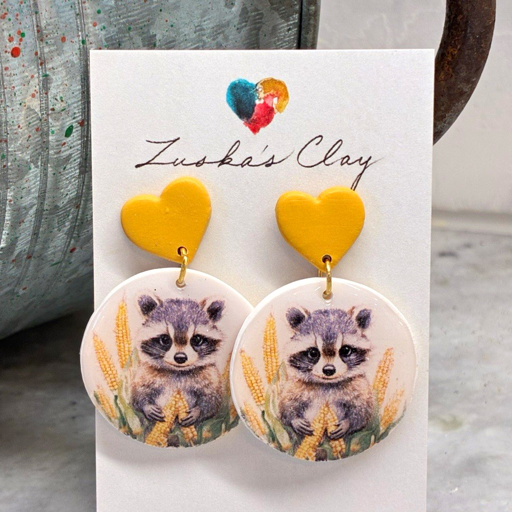 Zuska’s Clay “Raccoon” Heart Dangle/Drop Clay Earrings, Handmade, Hypoallergenic