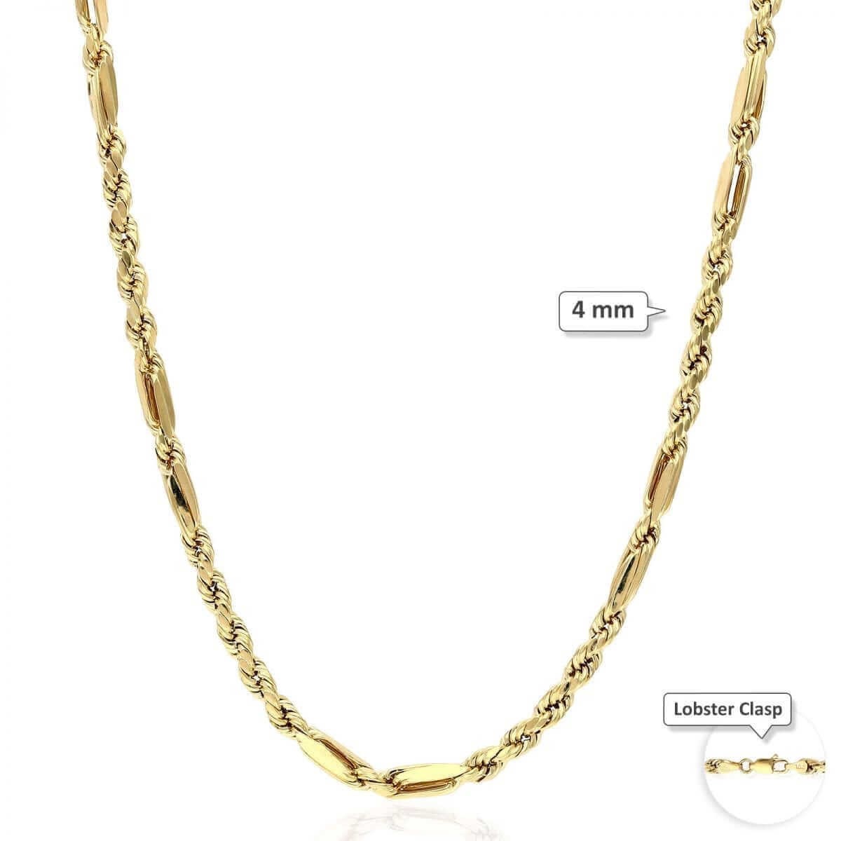 10K Solid Gold Diamond-Cut 4-8mm Milano Figaro Rope Chain (Hollow) 20-32″
