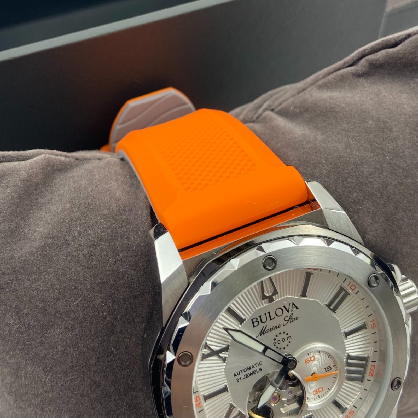 Bulova Marine Star 98A226 Automatic Watch White Dial Orange Rubber Strap 45mm