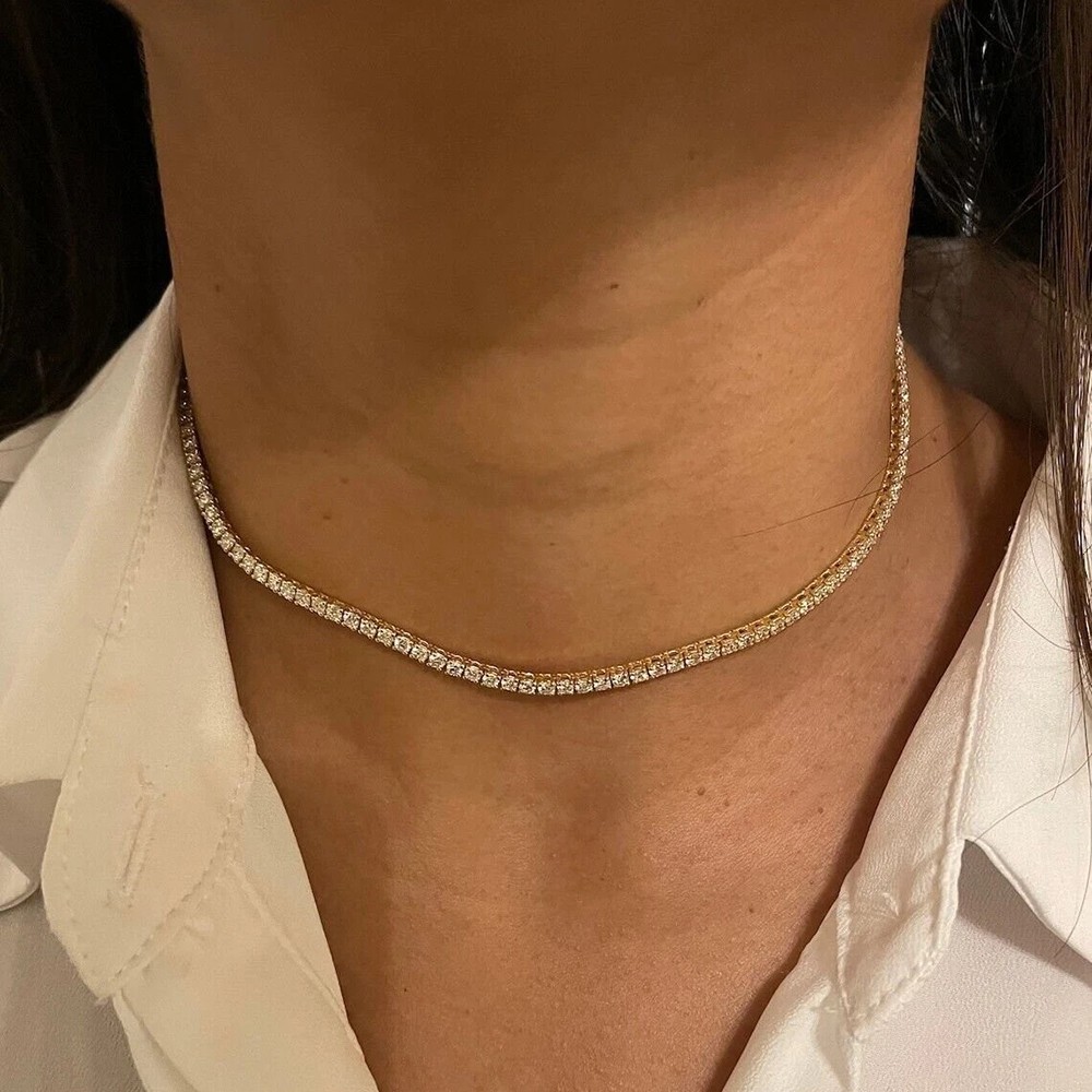 6.5 Ct Lab-Grown E VS Diamond Set Tennis Necklace In 14k Yellow Gold Plated 16”