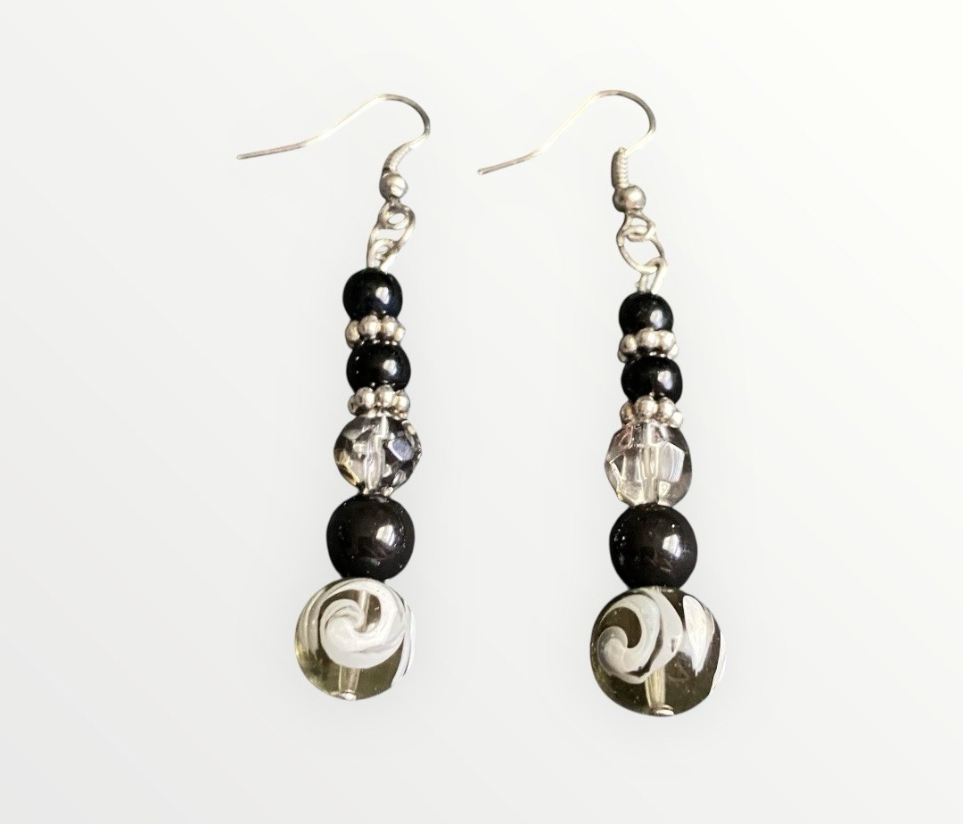 Handmade Black & Grey Patterned Beaded Dangle Drop Earrings