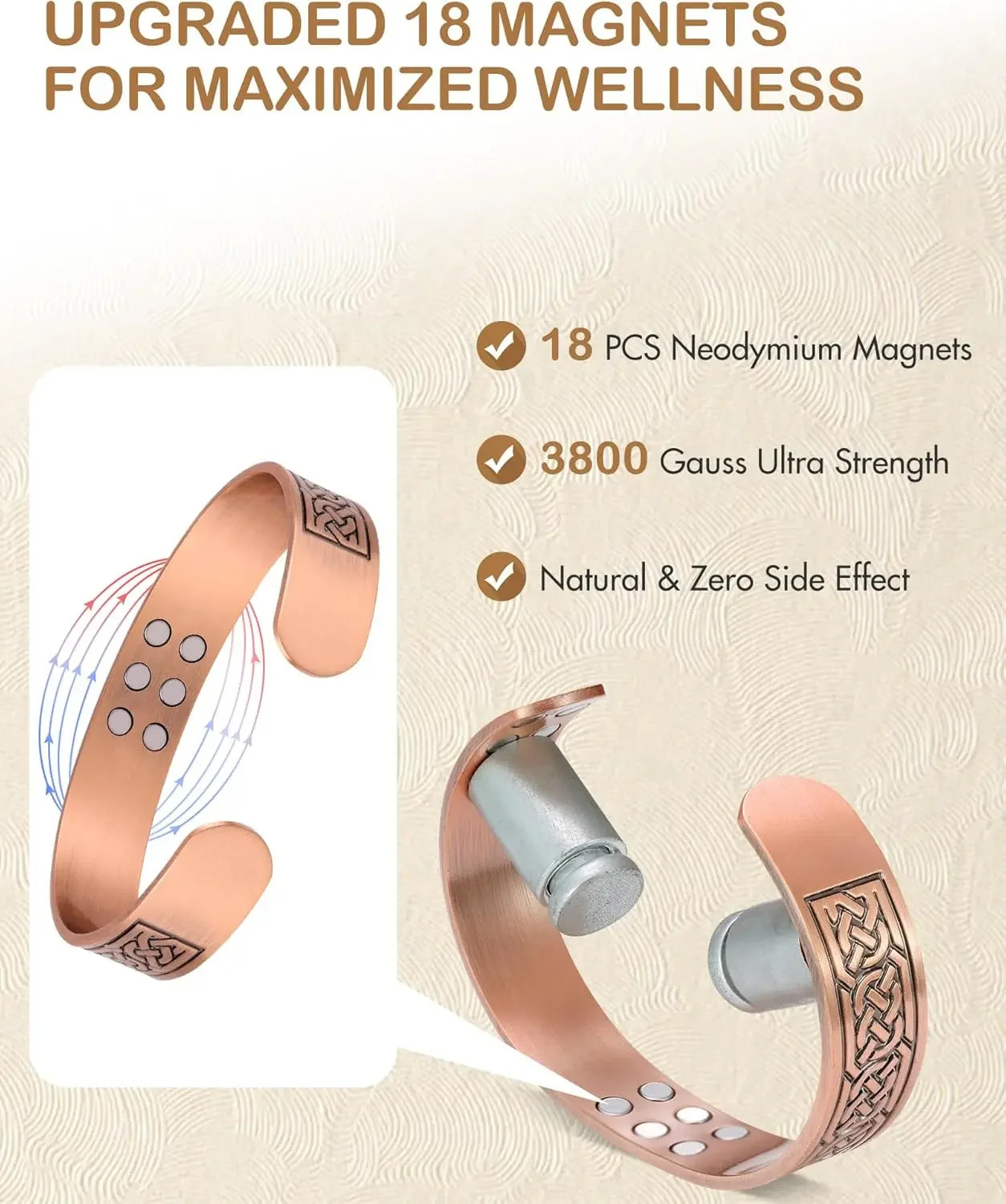 Vintage Style Pure Copper Cuff Bracelets with 3500 Gauss Magnetic Therapy Bangle