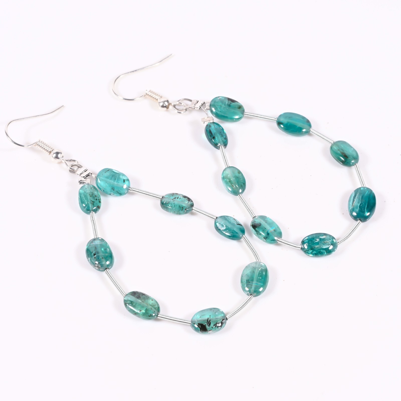 Natural Green Kyanite Oval Dangle Earrings, Smooth Tumbled Gemstone Bead Earring