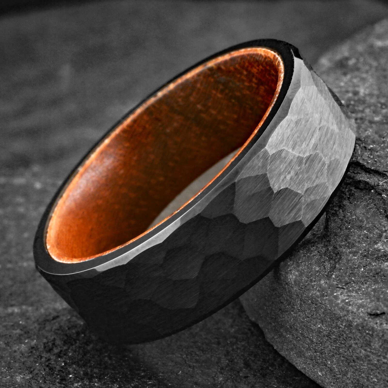 Black Brushed Hammered Tungsten Carbide Ring w/ Rosewood Inside Wedding Band