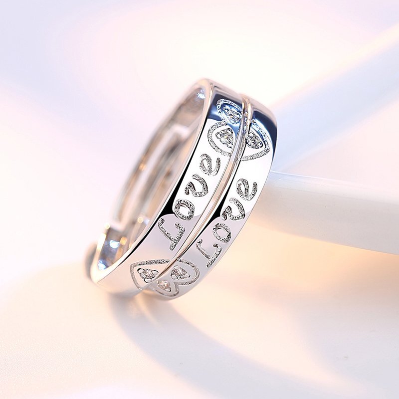 2pcs/set 925 Silver Zircon Promise Ring Couple Adjustable Letters Women Men Gift