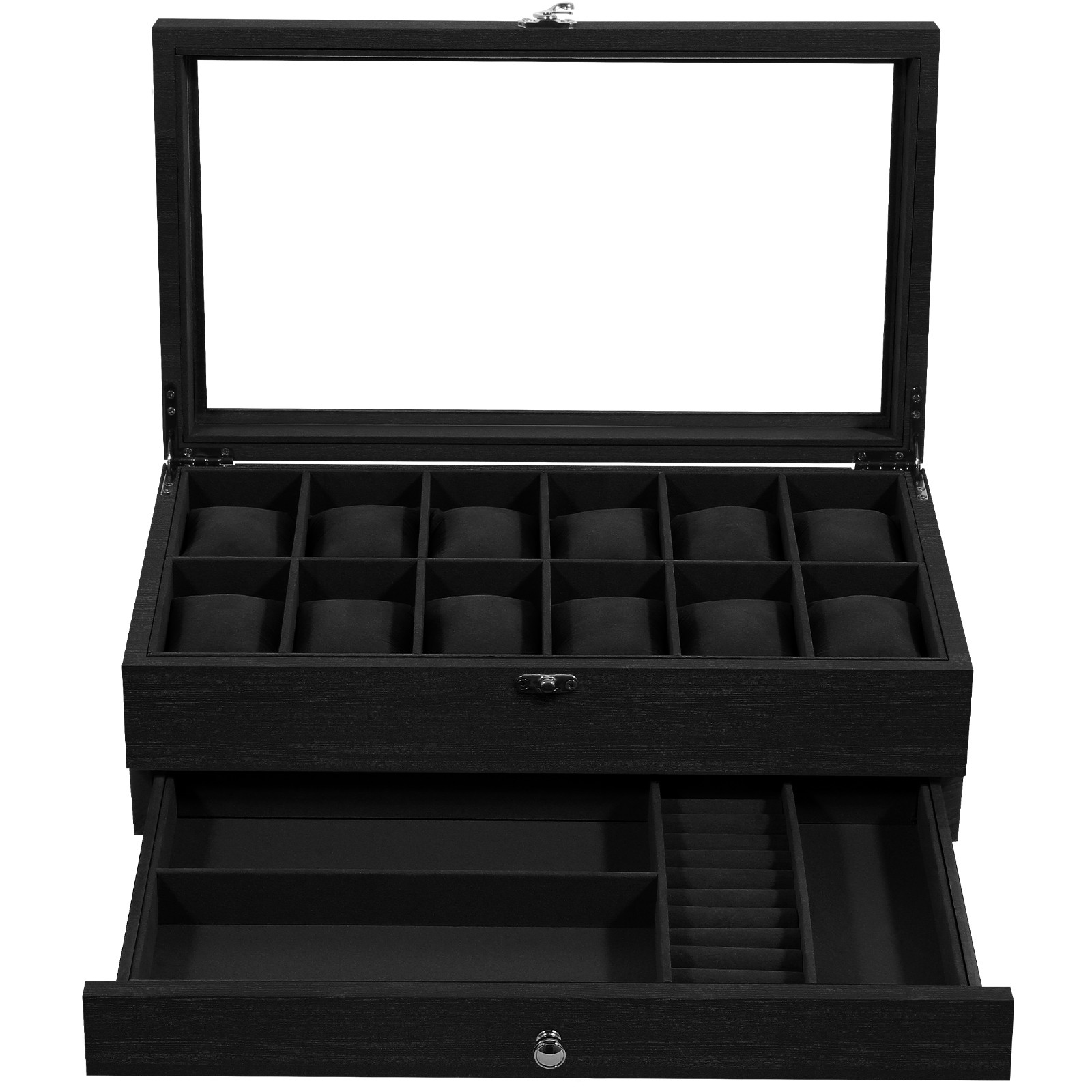 12 Slots Watch Box Organizer Solid Wood Glass Lid Watch Case Jewelry Display Box