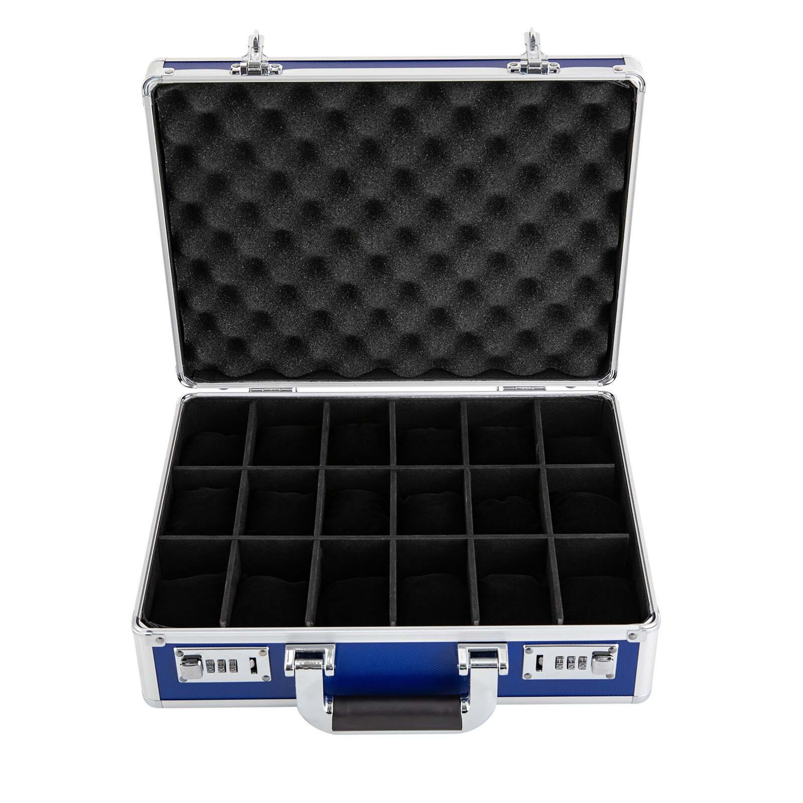 Blue 18-Slot Locking Watch Storage Case – Aluminum Alloy & ABS Briefcase