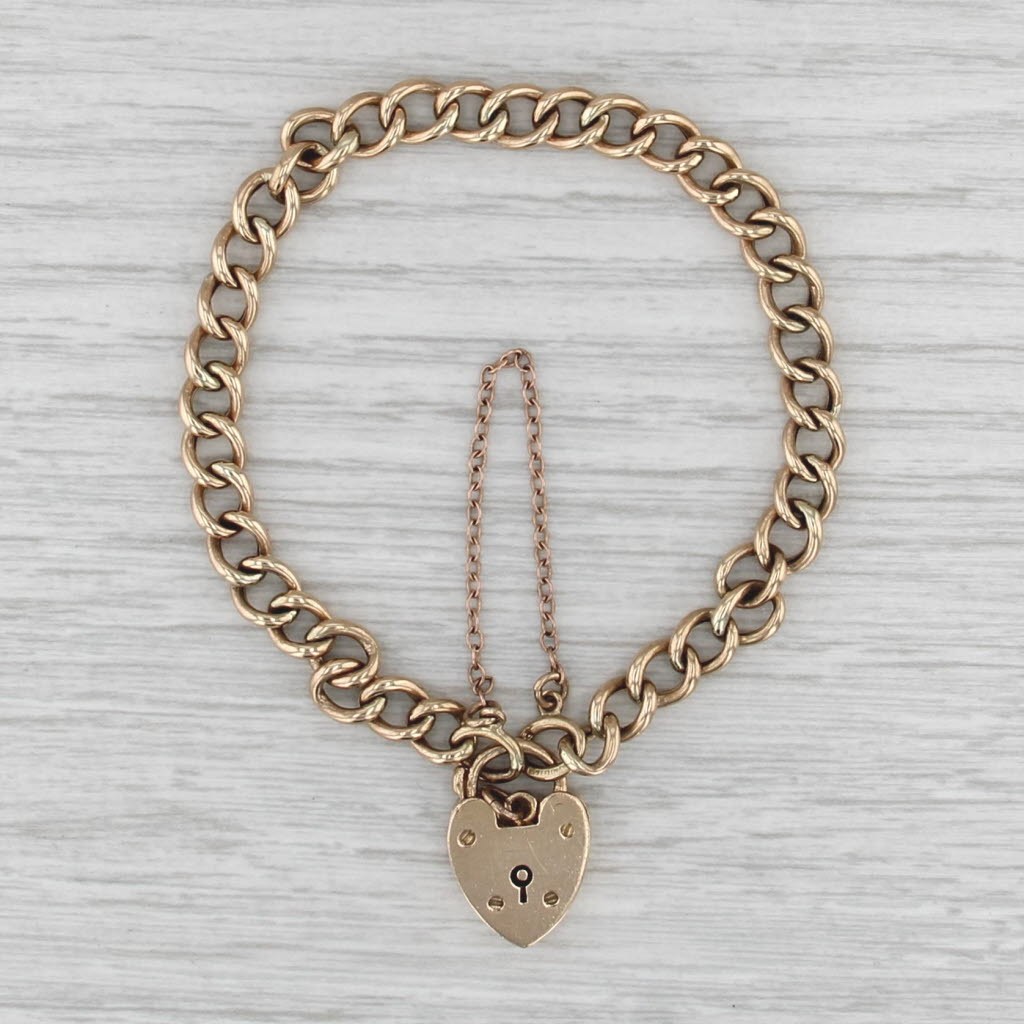 Vintage Pad Lock Heart Charm Bracelet 9k Yellow Gold 7″ Curb Chain British