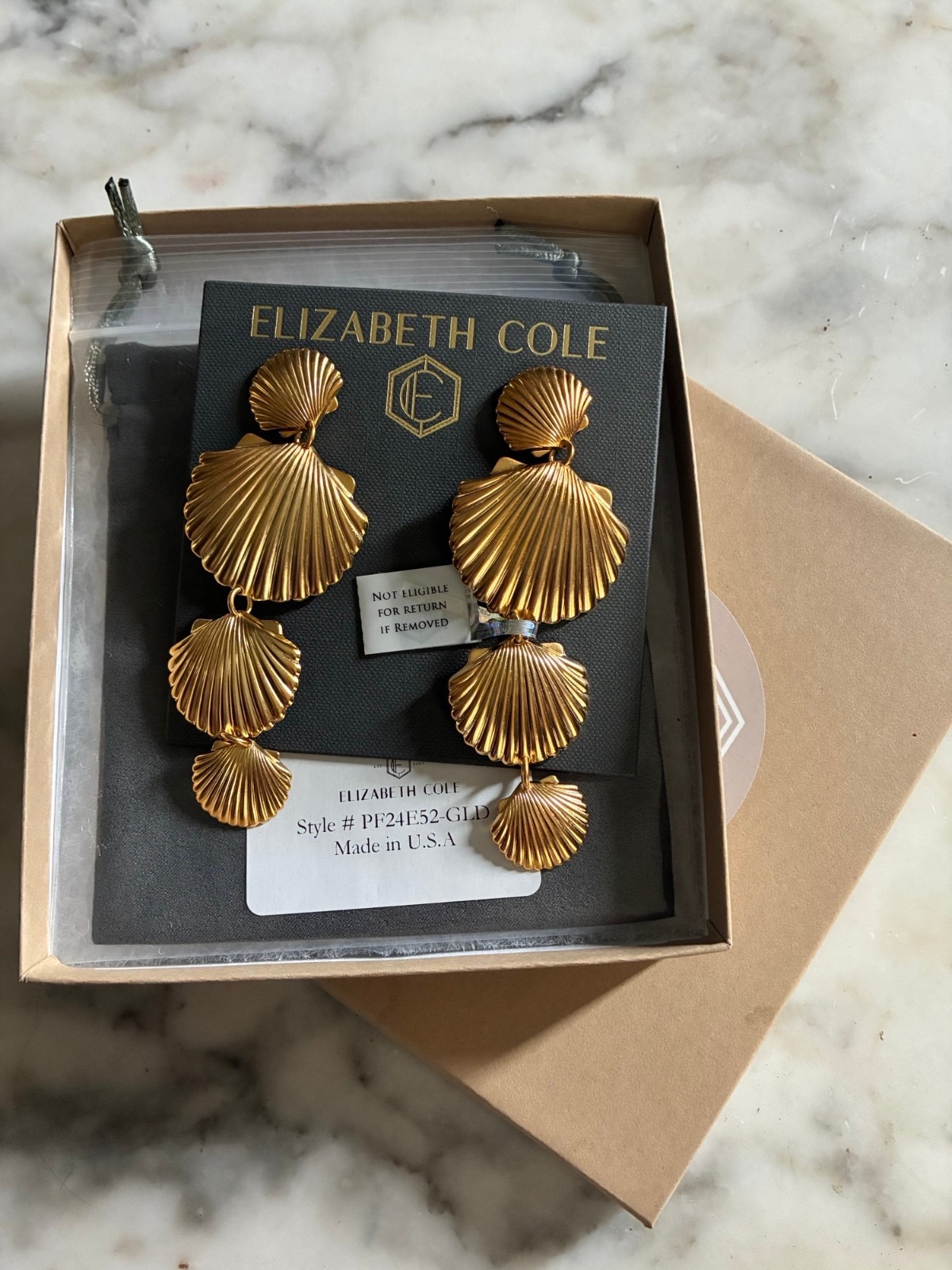 Elizabeth Cole shellace shell gold plated earrings new tags box signed