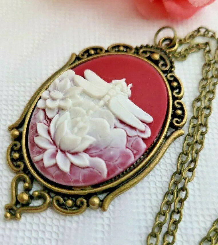 Red White Dragonfly Cameo Anniversary Birthday Daughter Sister Bronze Necklace
