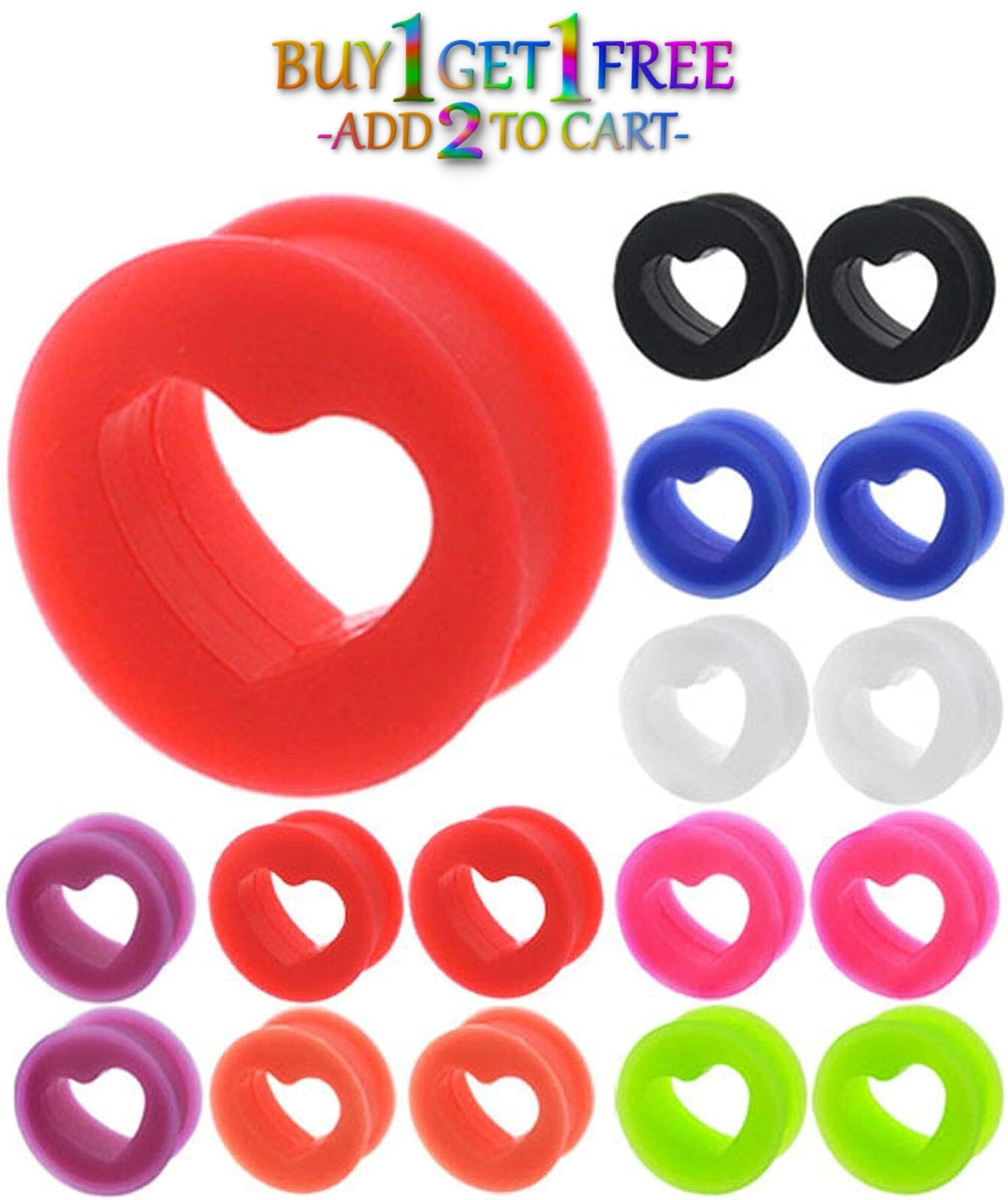 Pair 8g-50mm SILICONE HEART TUNNELS Double Flare Gauges Solid Cut Out Ear 3057