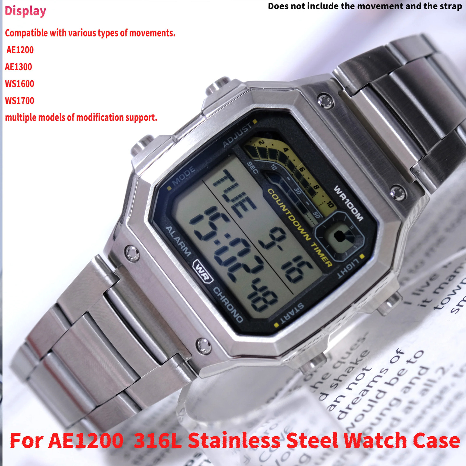 Suitable For Casio AE1200 Watch Case Mod Kit 316L Stainless Steel Glass 10ATM