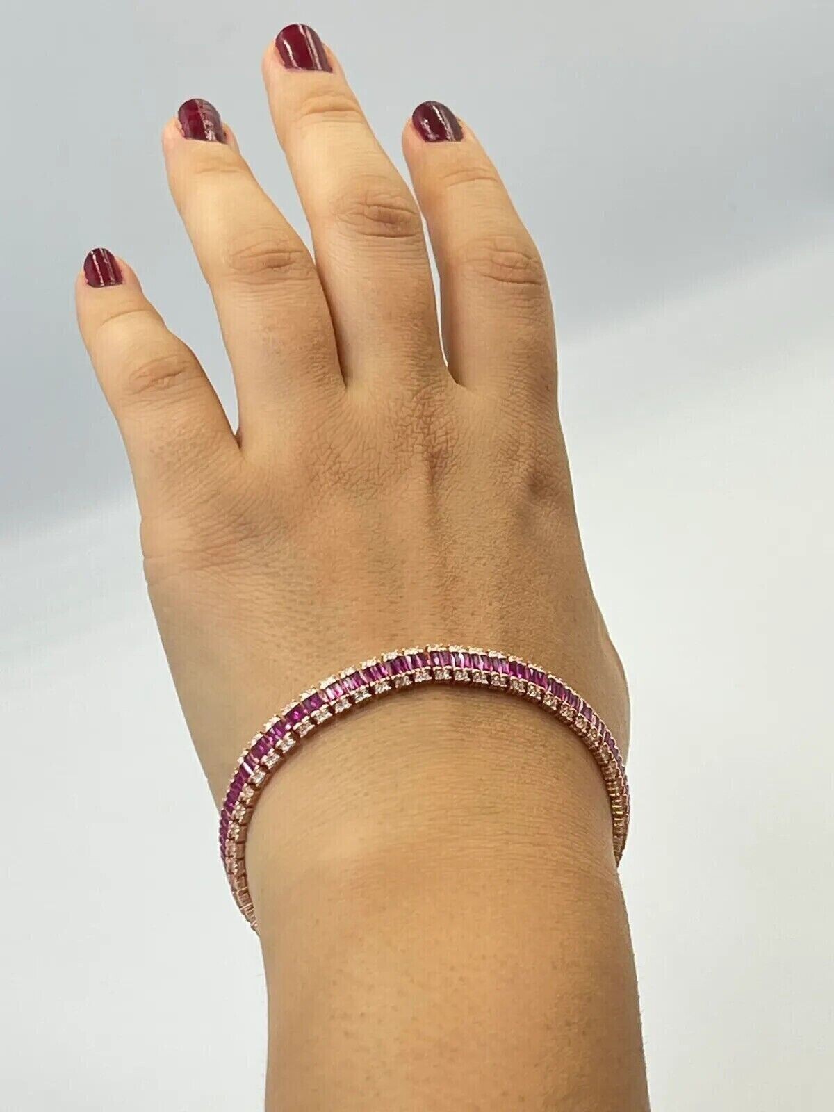 9Ct Baguette Cut Lab Created Ruby Diamond Tennis Bracelet 14K Yellow Gold Finish