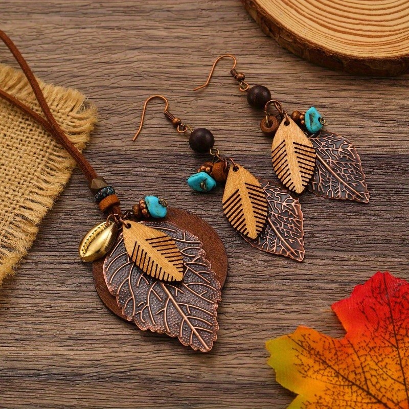 Women’s Retro Bohemian Leaf Shaped Pendant Earrings Necklace Jewelry Set Alloy
