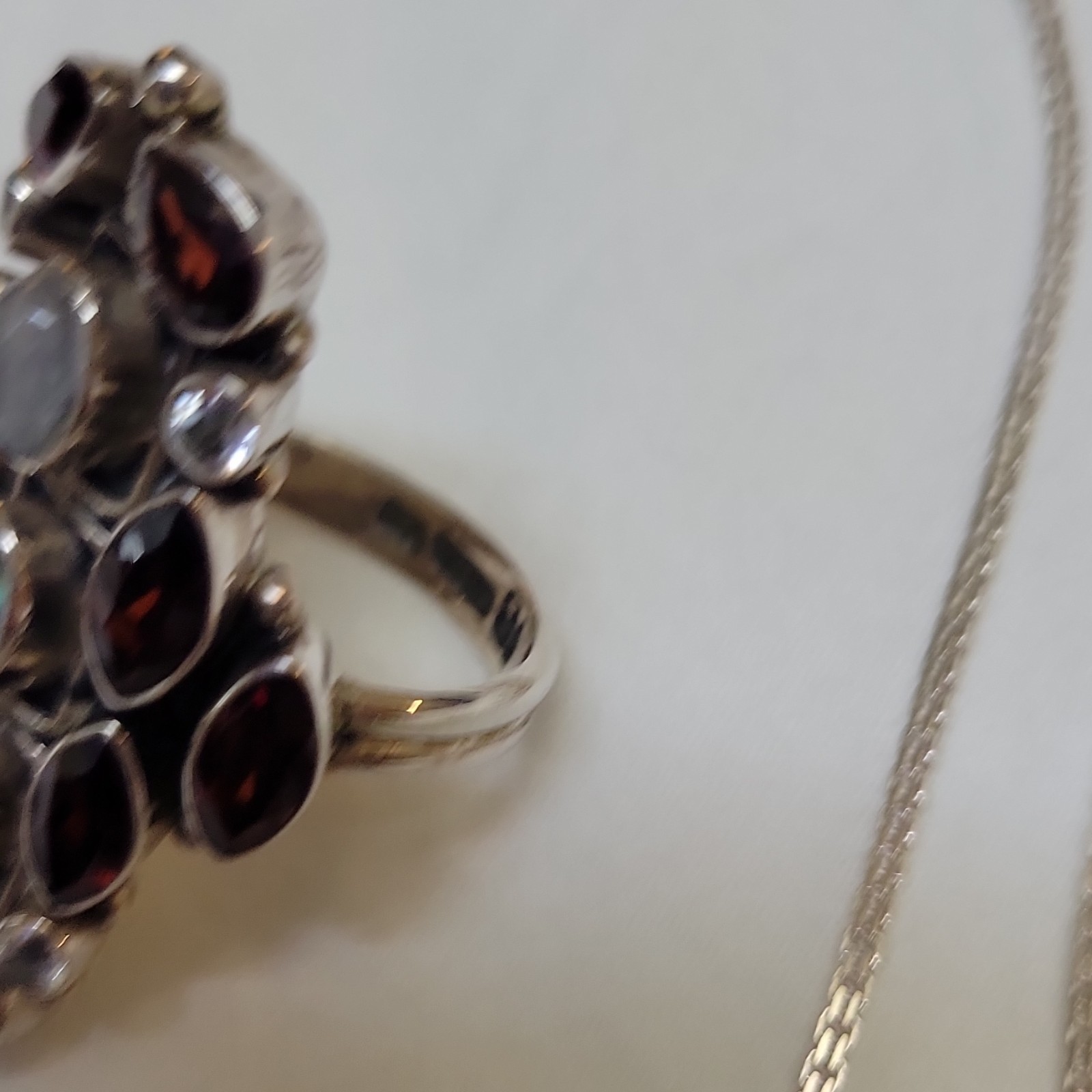 925 Sterling Silver Cross Pendant Necklace Garnet & Moonstone Box Chain Signed