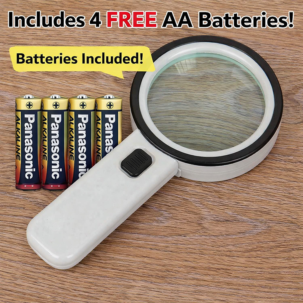 30X Jumbo Handheld Magnifying Glass w/12 Bright LED Magnifier +Free 4 batterries