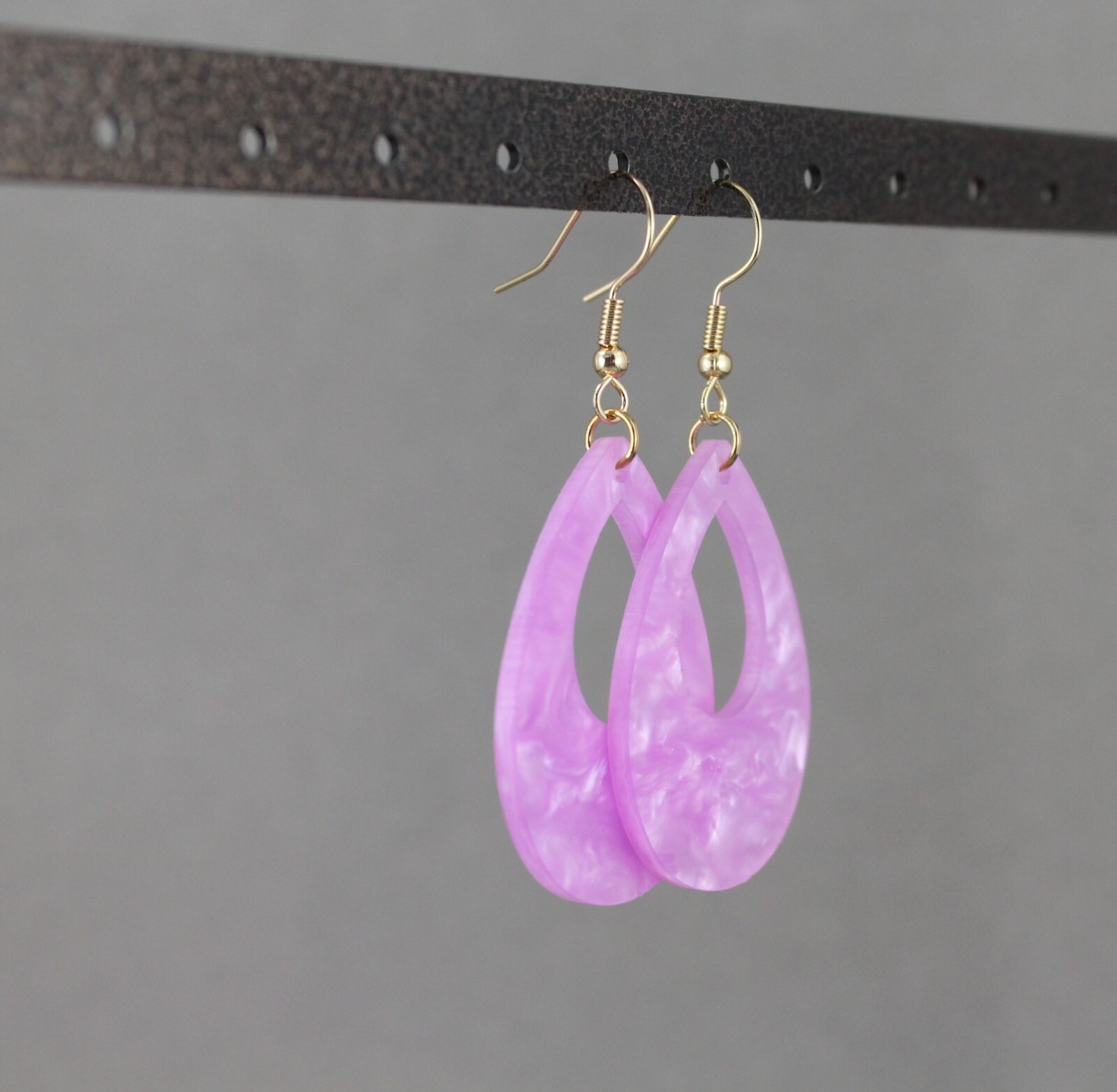 Purple teardrop earrings lightweight dangle cut out oval outline 2.25″ long
