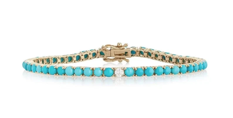 14K Yellow Gold Plated Genuine Turquoise & Moissanite Women’s Tennis Bracelet 7″