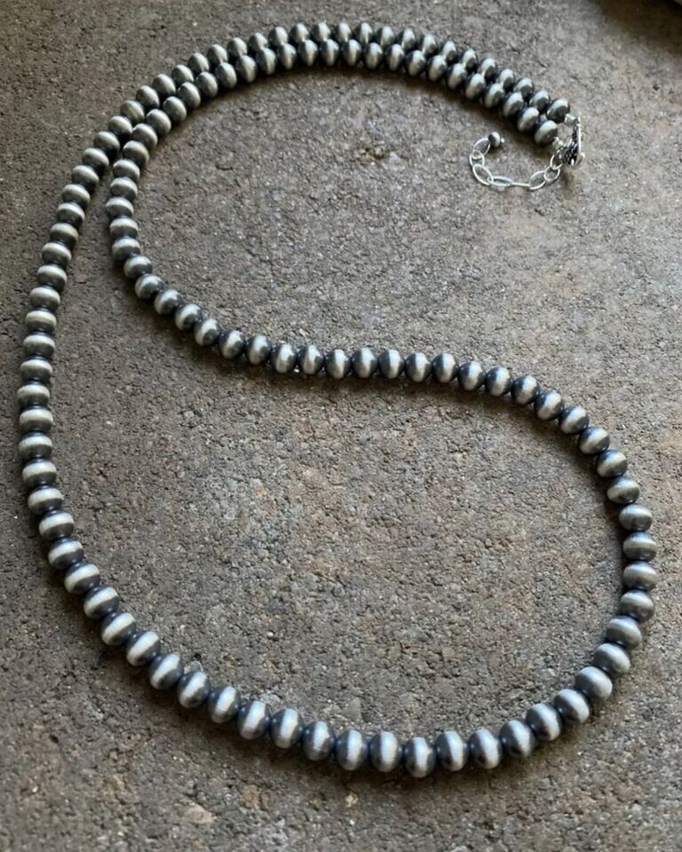 7mm 30 Inch 925 Sterling Silver Oxidized Pearls Bead Necklace Southwestern