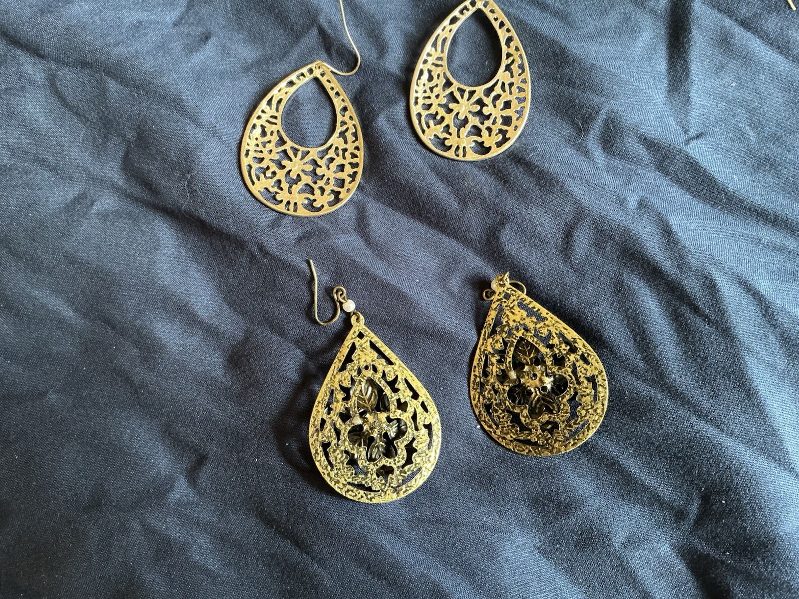 Gold Tone Teardrop Dangle Hook Earrings Lot 2 Pairs Filigree Floral