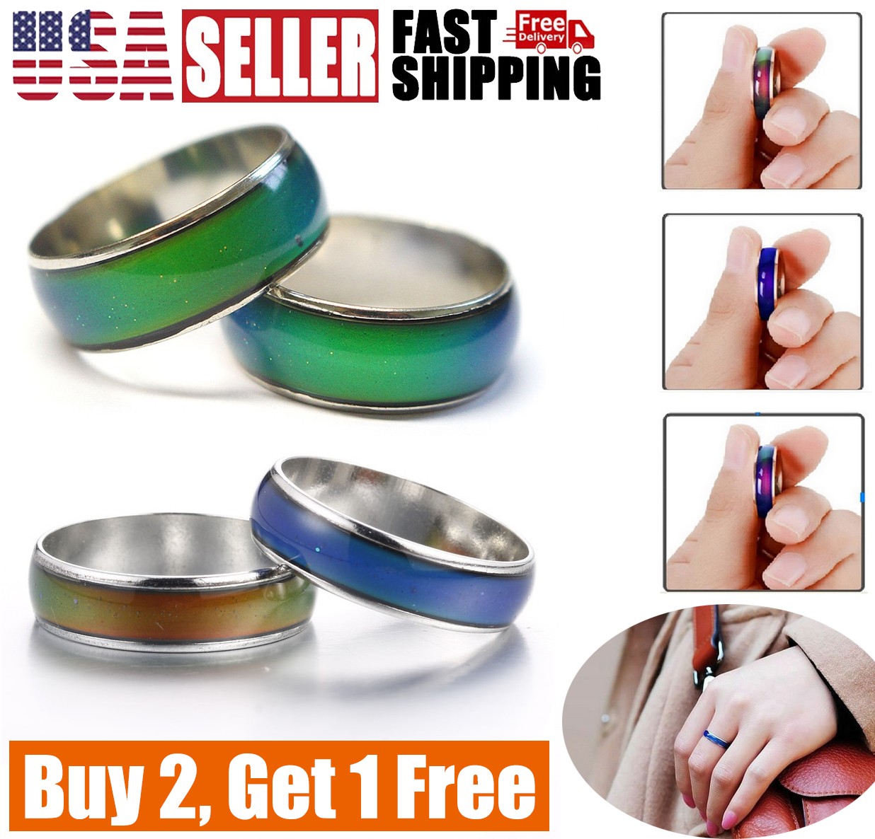 Temperature Changing Mood Ring for Men and Women, Stainless Steel Durable Couple