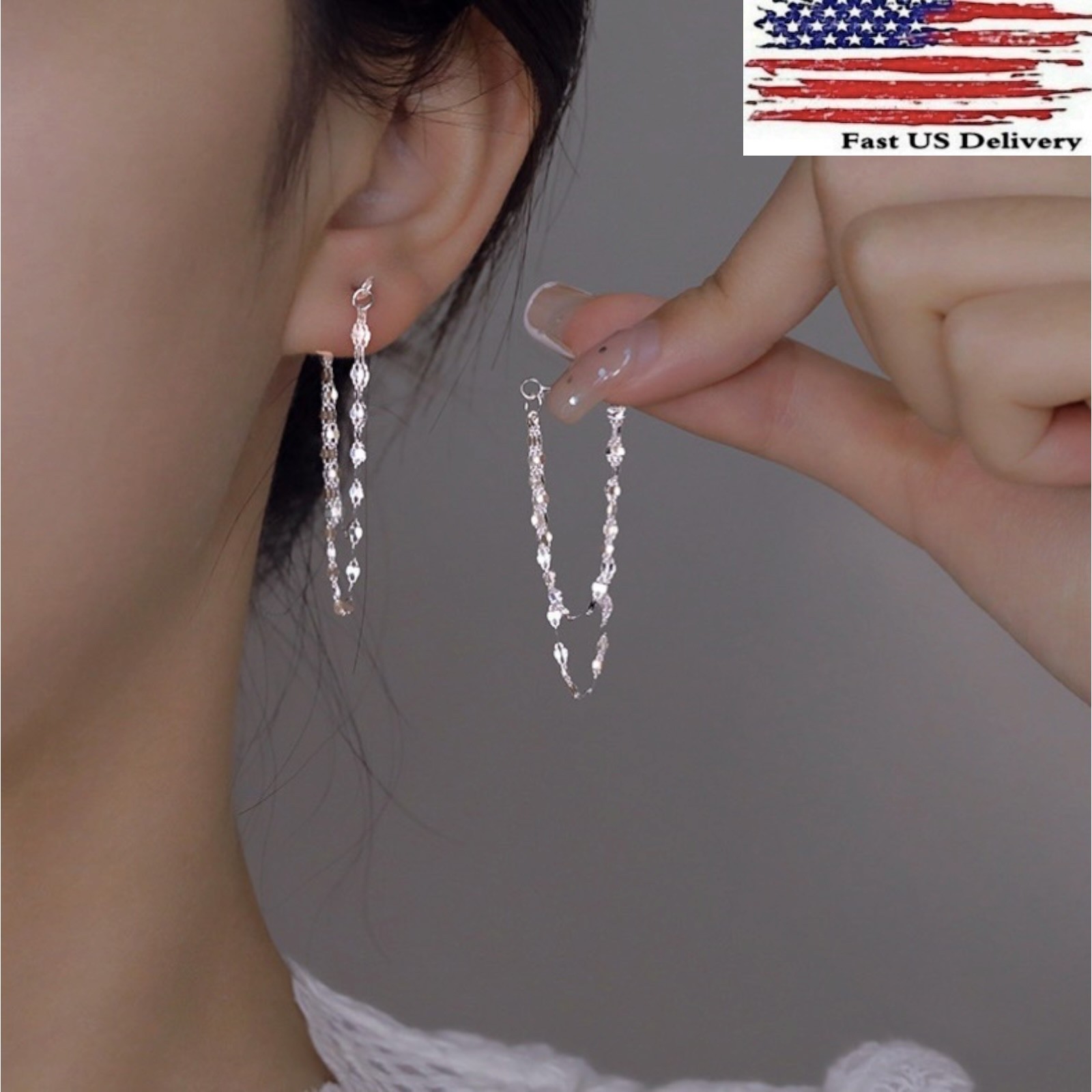 A Pair Sterling Silver Plated Tassel Dangle Drop Stud Earrings Chain Gift C63