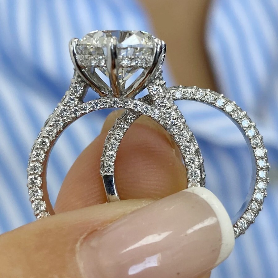 14K White Gold Finish 4Ctw Round Cut Created Diamond Stack Band Wedding Ring Set