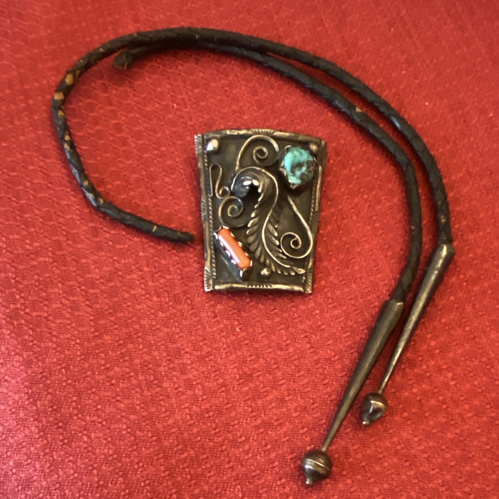 VTG Navajo Sterling Silver Turquoise Coral Bolo Tie Signed DBM Sunburst Bennett