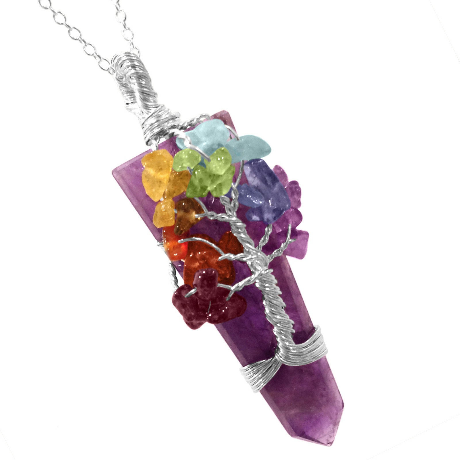 Wire Wrap Pendant Amethyst Crystal Pendant Tree Life 7 Chakra Gemstone Necklace