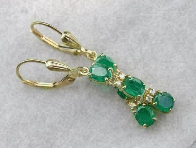 3Ct Lab Created Oval Green Emerald Drop/Dangle Earrings 14K Yellow Gold Plated