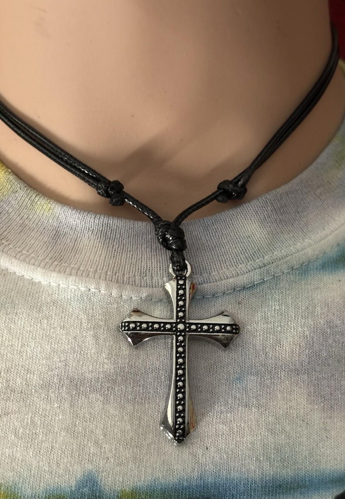Black Faux Leather Cord Necklace Silver Plated Cross Pendant Adjustable