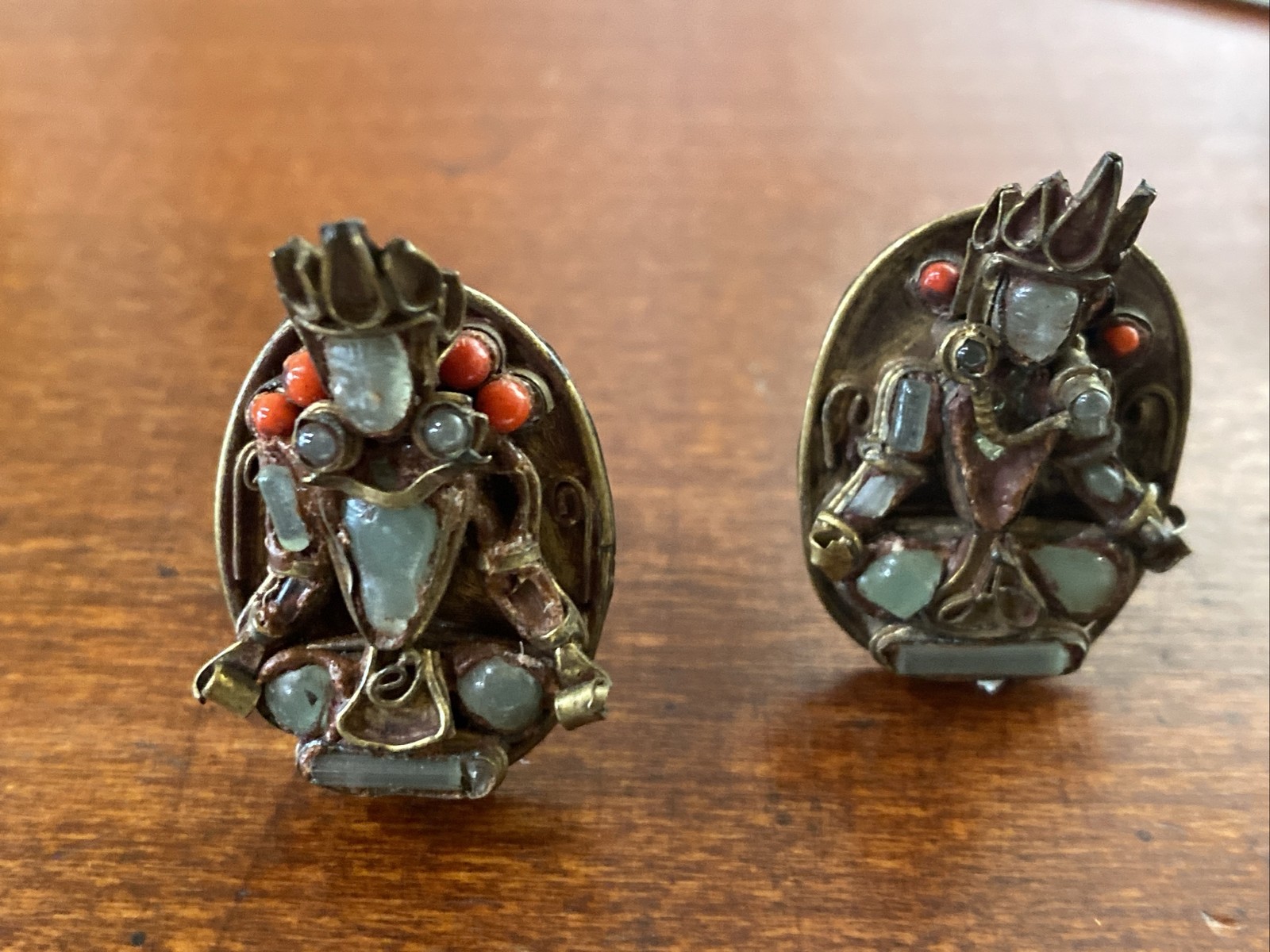 Nepal Carved Face Sitting Deity Cuff links Unisex Glass Figural Brass Artisan